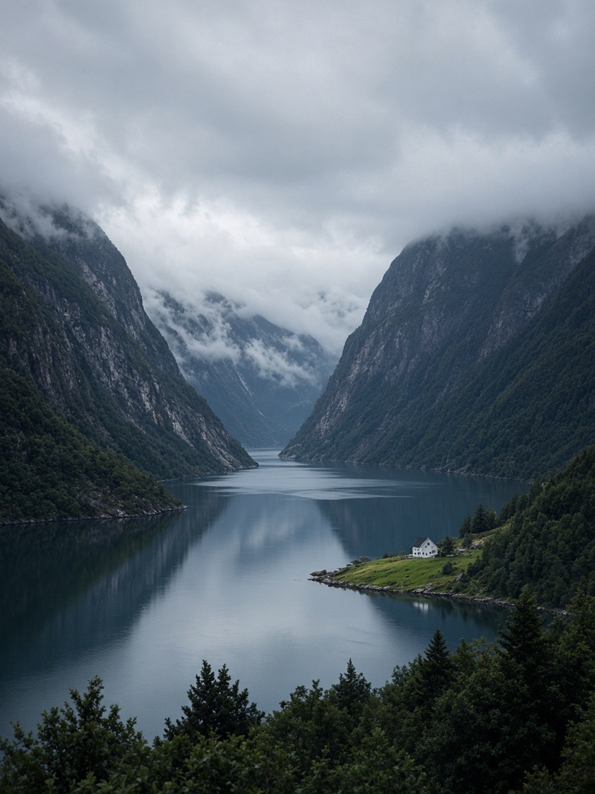 Location, fjord under low cloud