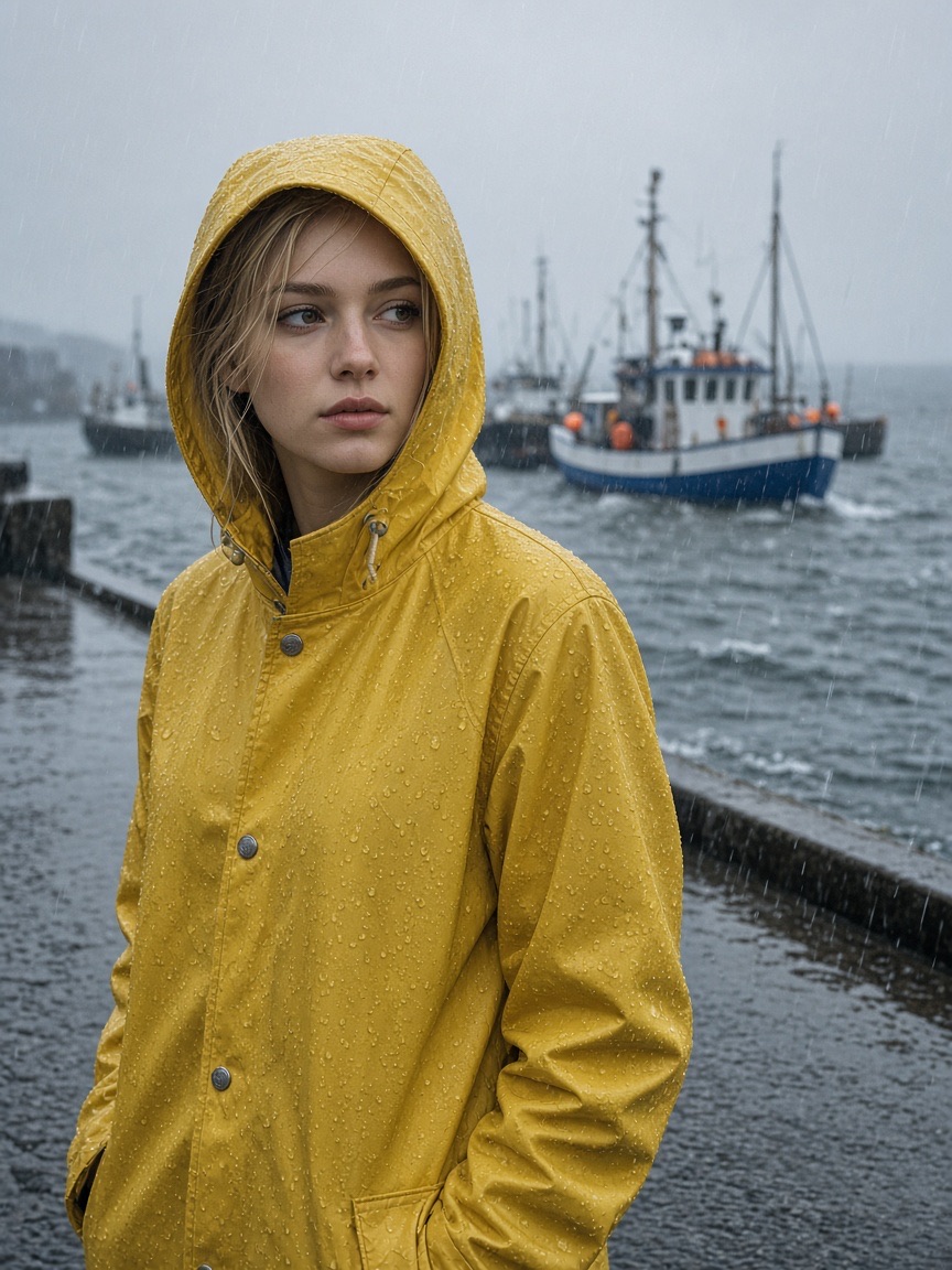 Fashion, yellow raincoat, harbour