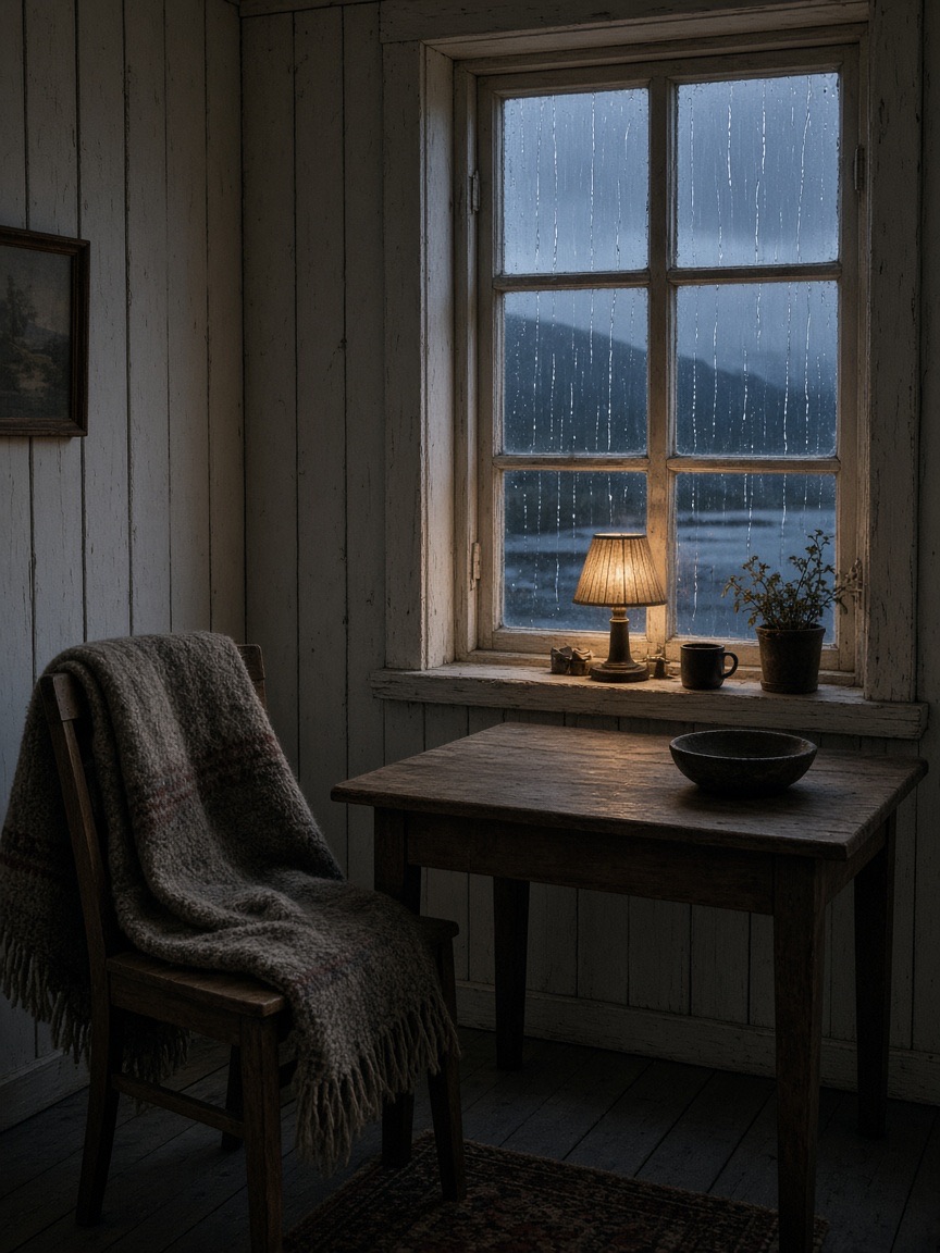Interior, wooden house, warm window