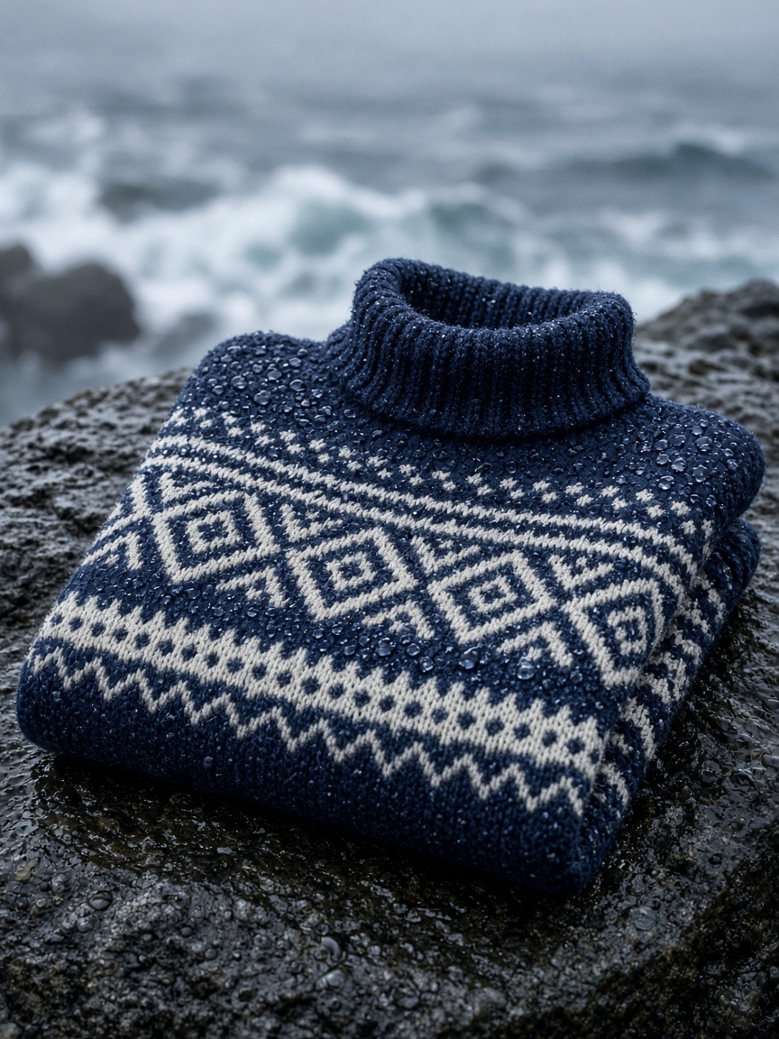 Product, wool sweater, wet rock