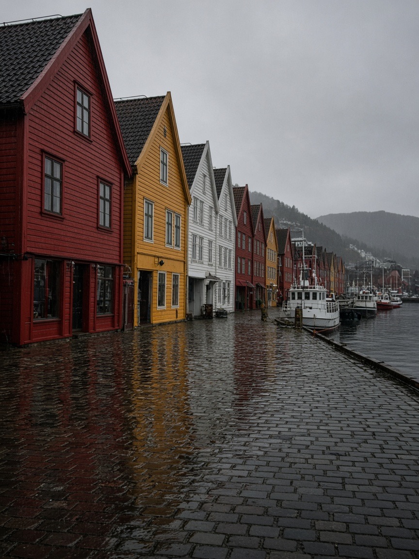 Location, colourful wharf houses in rain