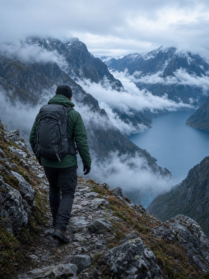 Fashion, hiker on a mountain trail